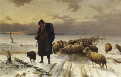 Shepherd with Flock in Winter Landscape